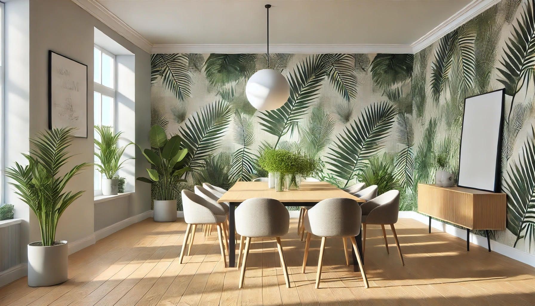 Dining room with tropical leaf wallpaper, modern chairs, and potted plants in natural light.